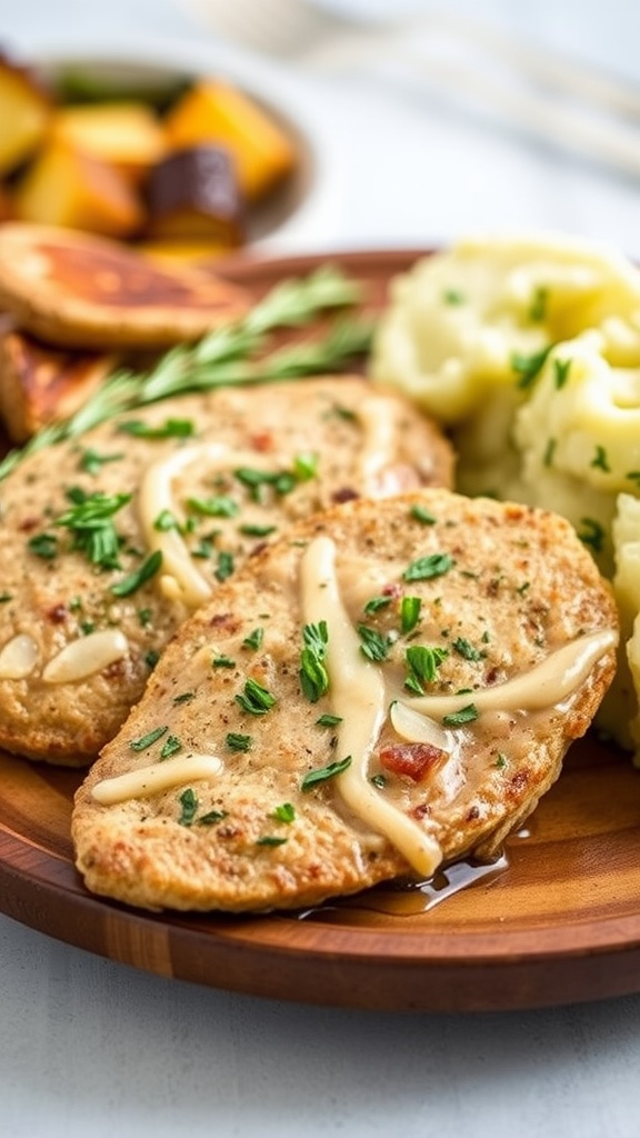 Herb-crusted pork medallions on a rustic plate with roasted vegetables and mashed potatoes.